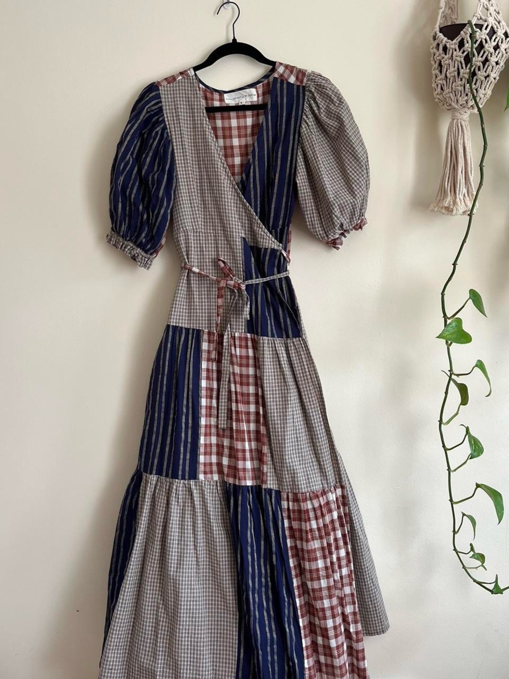 Daughters of India Patchwork Wrap Maxi Dress in Navy and Brown Checks